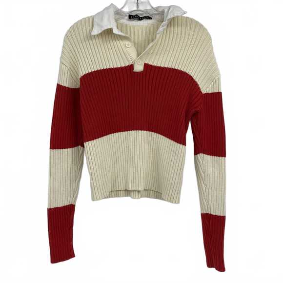 Lioness Sweaters - Lioness Cream Red Ribbed Collared Knit Sweater | XS Regular